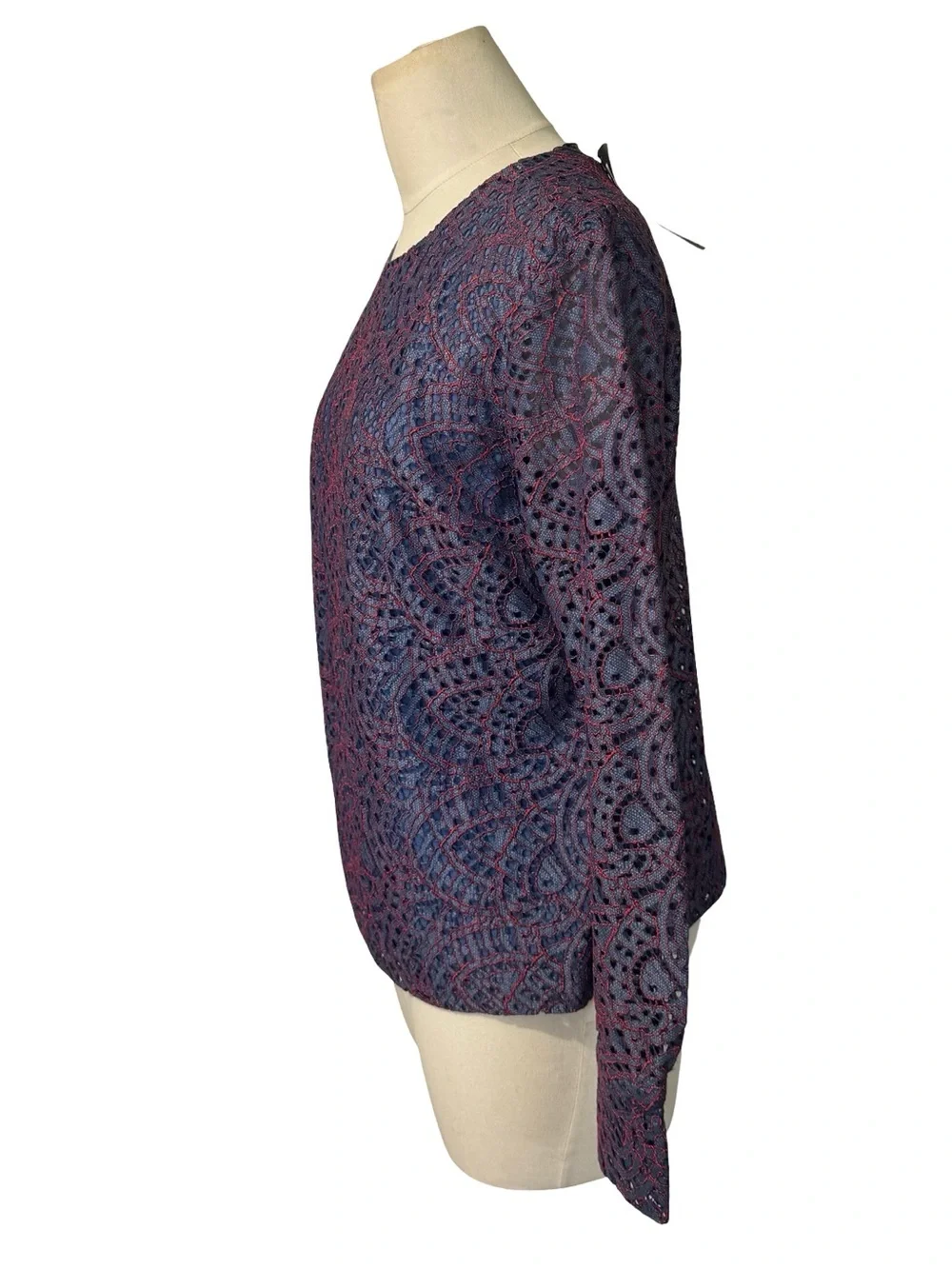 BANANA REPUBLIC S Top Lace Blue Red Embroidered Long Sleeve Indigo Unique
